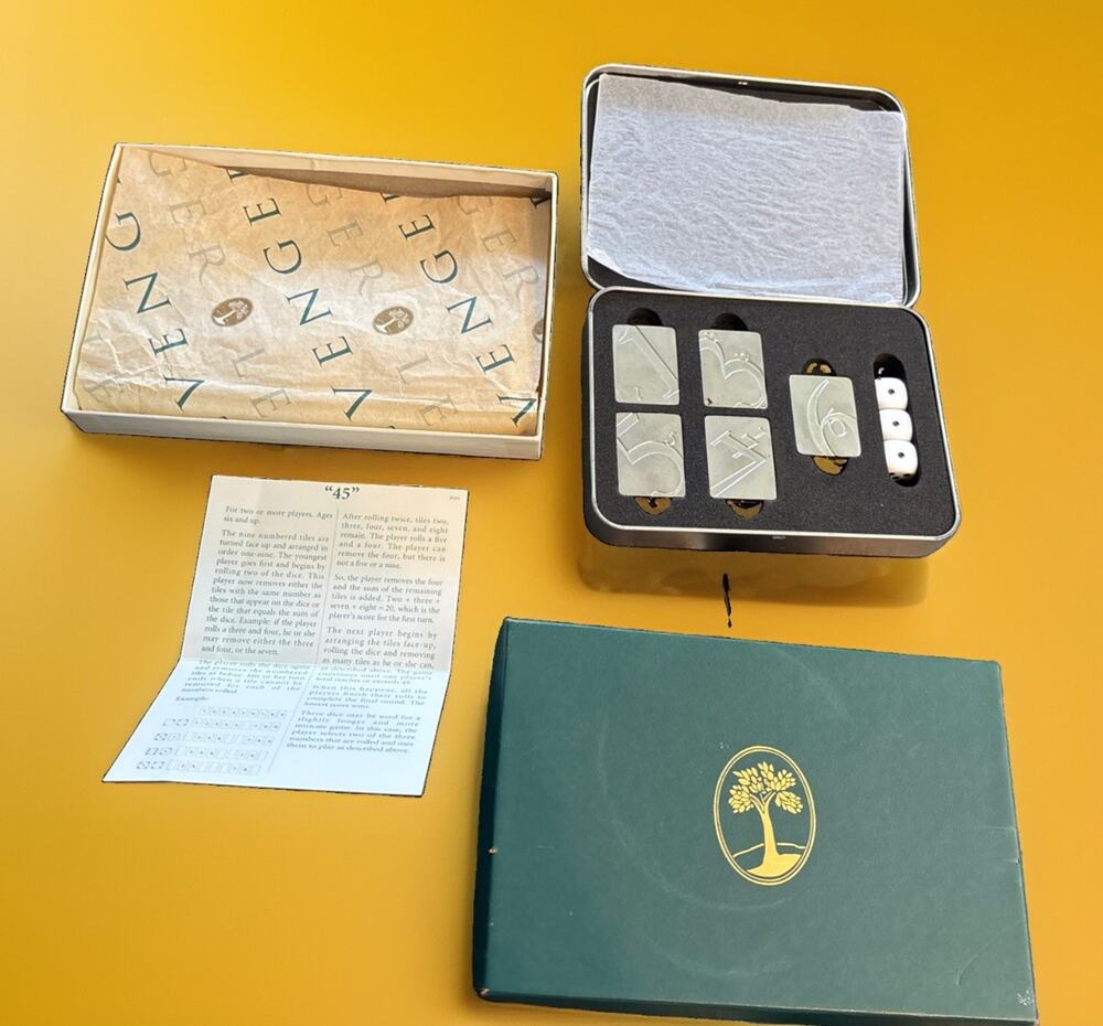 Levenger “45” Dice‎ Tile Game Complete w/ Tin, Instruction Sheet & Box (Rare)